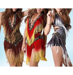 Leopard printed gradient red brown coffee grey silver colored women's ladies girls handmade  female backless sexy fashion pfringes tassels competition performance show play ballroom latin salsa cha cha samba dance dresses 